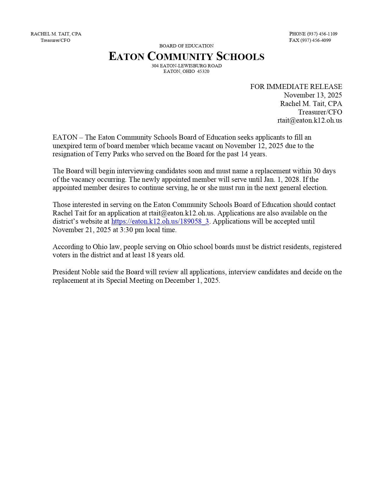 Image announcing a School Board vacancy